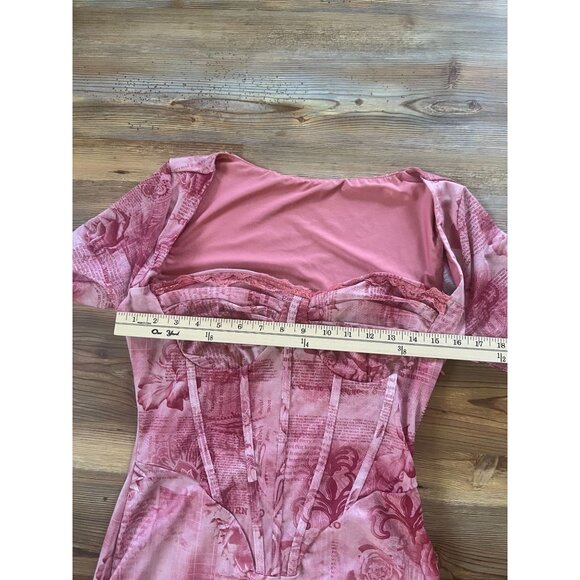 SHEIN Curve 0XL Pink Print Corset Maxi Dress Bodycon Mesh Long Sleeve Y2K - Picture 8 of 11